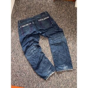 Vintage Crown Holder Mens Baggy Distressed Embroidered Jeans Dark Wash Y2K 44/35